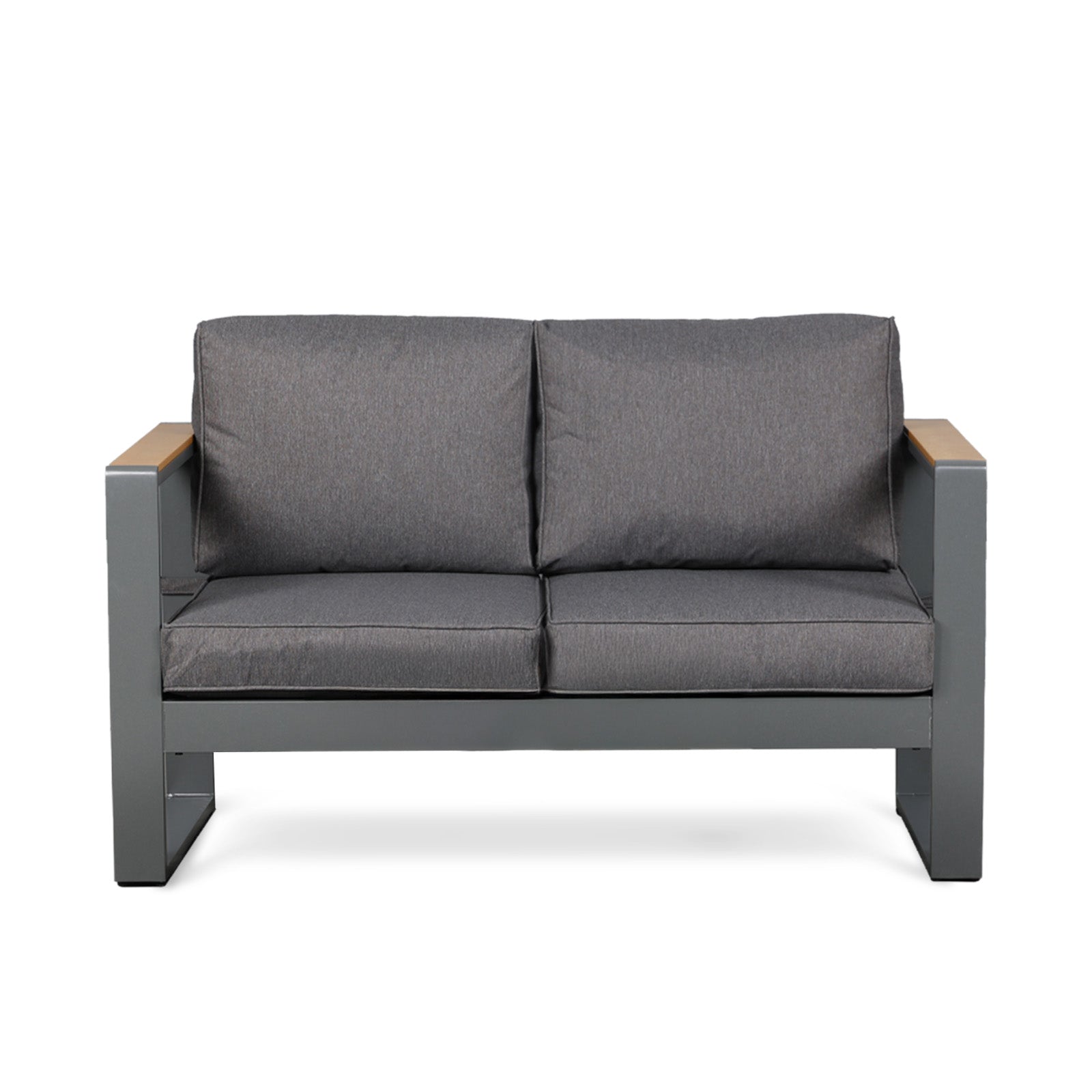Gray two-seater outdoor sofa with wooden armrests on a white background